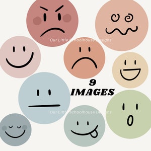 May include: Nine colorful circles with different facial expressions drawn in black. The text "9 IMAGES" is in the center of the image.