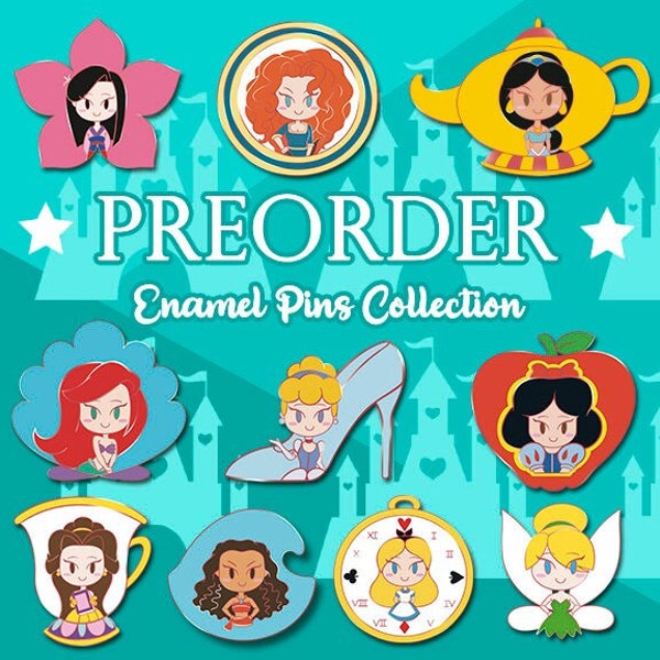 PREORDER Disney Princess movies Enamel Pins collection - Snow White Belle Brave Moana Jasmine Mulan Ariel Cinderella Alice Tinker Bell