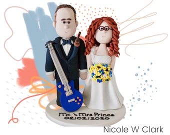 Bride & Groom with a Guitar Custom Made Wedding Cake Topper-  Music Guitar Wedding cake topper- Personalized Cake topper - Wedding Keepsake