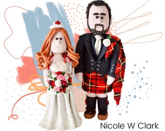 Scottish Wedding Cake Topper with kilt and tartan - Highland Dress Custom Couple- Nurse Wedding Topper- Nurse Wedding Gift - Custom Cake Top