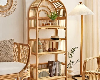 4-Tier Arched Bookshelf, Rattan Tall Open Bookcase Storage Shelves, Wood Metal Freestanding Display Rack, Home Decor