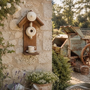 Könnte beinhalten: Ein rustikales Vogelhaus aus Holz in Form einer Teekanne, an einer Steinmauer befestigt. Das Vogelhaus hat einen Teekörper und einen Deckel, mit einer Tasse und Untertasse auf einem Regal. Spitze verleiht einen Vintage-Touch.