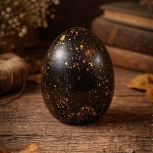 Può includere: Un oggetto decorativo scuro a forma di uovo con un motivo dorato maculato. L'oggetto è posto su una superficie di legno rustico, con foglie secche e uno sfondo sfocato di libri e fiori.