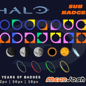 May include: A dark blue graphic with the word "HALO" at the top. Below are various colorful badges, moon phases, suns, and a comet. The text "SUB BADGES" is in orange. The text "10 YEARS OF BADGES" is at the bottom, along with the "MEAN Josh" logo.
