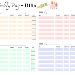 Puede incluir: Un planificador de presupuesto imprimible con cuatro secciones para el pago semanal y las facturas. Cada sección tiene columnas para las facturas, el monto, la fecha de vencimiento, el saldo y el pago. El planificador está ilustrado con una mano de dibujos animados que sostiene dinero y una alcancía.