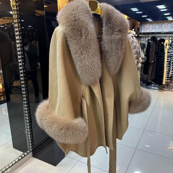 Handmade Cashmere Poncho with Real Fur Trim | Fox Fur Trim Poncho| Women’s Fur Cashmere Shawl Coat| Oversized Winter Cape