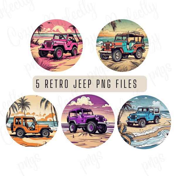 5 Retro-Jeep-Pngs, PNG-Designs, Sommer-Jeep, Retro-Jeep, PNG-Download, Retro-PNGs, Sublimation, Wärmeübertragungen, DTF, Kreis, transparentes PNG