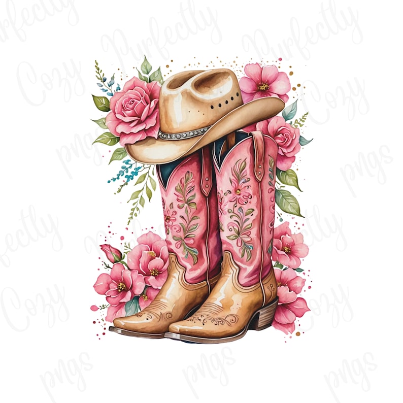 K&ouml;nnte beinhalten: Ein Paar rosa Cowboystiefel mit Blumenstickerei, ein brauner Cowboyhut mit Strassband und rosa Blumen.