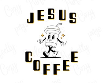 Jesus and coffee png, png designs, shirt pngs, coffee png, retro coffee png, sublimation, dtf, transfers, T-shirt designs, T-shirt ideas