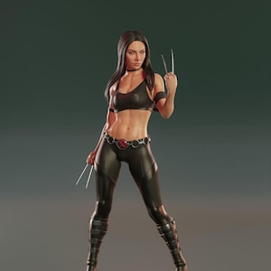 Peut inclure: Statue détaillée d'un personnage féminin en tenue noire, tenant des griffes métalliques. La figurine se tient sur une base circulaire avec un symbole. La statue a de longs cheveux noirs et est posée de manière dynamique.