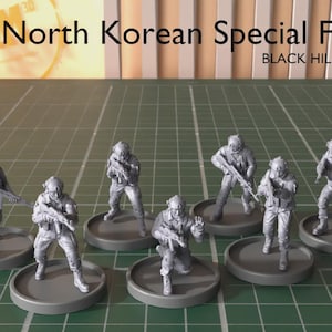 Op de afbeelding: Miniatuur grijze Noord-Koreaanse Speciale Macht-beeldjes. De figuren staan in verschillende actiehoudingen, elk met een geweer. De beeldjes staan op grijze cirkelvormige bases, tegen een groene rasterachtergrond. De tekst "North Korean Special Force" is zichtbaar.
