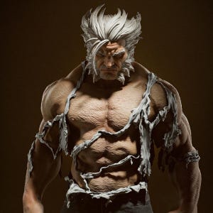 Può includere: Primo piano di una figura muscolosa con capelli bianchi e barba, che indossa una camicia bianca strappata. La figura ha un'espressione seria sul viso.
