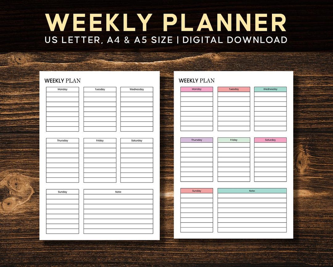 Weekly Planner | Minimalist Printable | A4, Letter, A5 Sizes | Instant ...