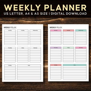 Planificador semanal / Minimalista imprimible / Tamaños A4, Carta y A5 / Descarga digital instantánea
