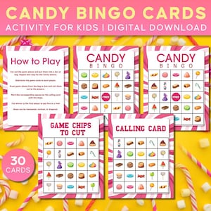 Candy Bingo Game Printable - 30 Unique Candy Bingo Cards with Bonus Coloring Pages, Game Chips & Calling Card