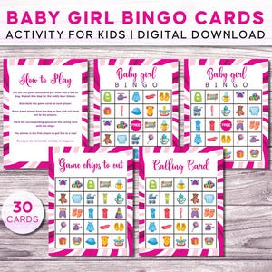 Afdrukbaar bingospel babymeisje - 30 unieke bingokaarten voor babymeisjes met bonuskleurplaten, spelfiches en visitekaartje