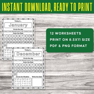 12 Preschool Calendar Worksheet: Month, Day, Date & Weather Practice ...