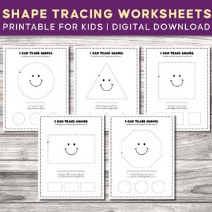 May include: Five printable worksheets for kids to practice tracing basic shapes. Each worksheet features a different shape: circle, triangle, square, rectangle, and octagon. The shapes have a smiley face drawn inside them. The worksheets are titled "I Can Trace Shapes".