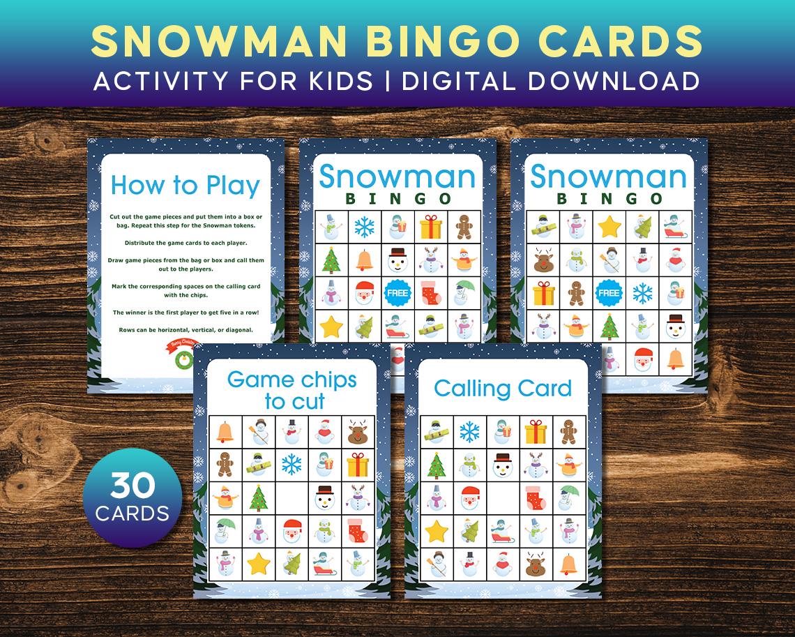 Snowman Bingo Game – 30 Printable Cards, Kids Winter Activity (PDF) - Etsy