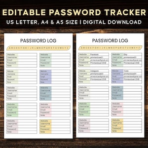 Editable Password Tracker – Printable Password Organizer | A4, Letter And A5 | PDF | Password Log & Manager Sheet