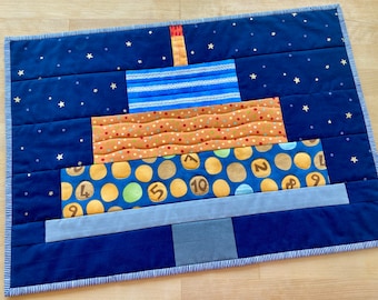 NEW Birthday Cake Placemat, Mini Quilt, Navy Blue & Orange