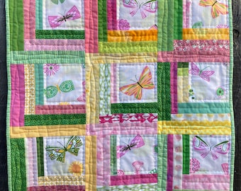 Spring Butterflies and Flowers Art Quilt, Wall Hanging, 24 x 24 inches