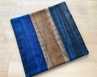 Blue & Brown Batik Coffee Coaster, Quilted Coffee Quilt or Mug Rug