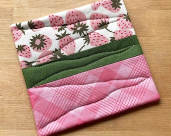 NEW Strawberry Coaster, Pink & Green Mug Rug, Spring table