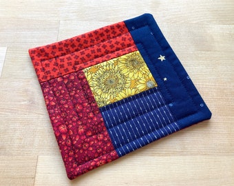 NEW - Red, Blue & Yellow Scrappy Quilted Patchwork Coffee Coaster or Mug Rug