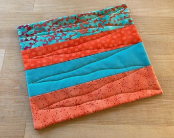 NEW Aqua & Orange Patchwork Snack Mat, Oversize Coffee Coaster, Mug Rug, 8 x 7 inches