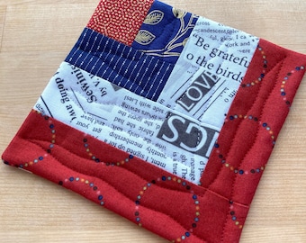 Red, White and Blue Quilted Log Cabin Patchwork Coffee Coaster or Mug Rug