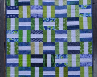 Green Blue White Patchwork Baby Quilt, Tummy Time Lap Quilt (42" x 48")