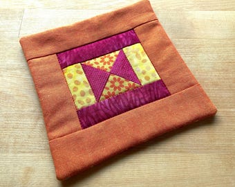 NEW Scrappy Orange, Hot Pink & Yellow Coaster, Mug Rug, Coffee Quilt