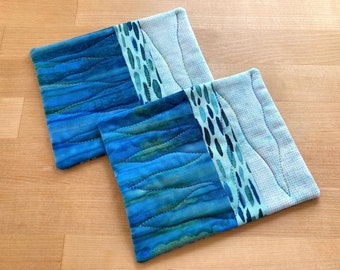 NEW - Set of 2 Coffee Coasters, Mug Rug, Blue & Aqua