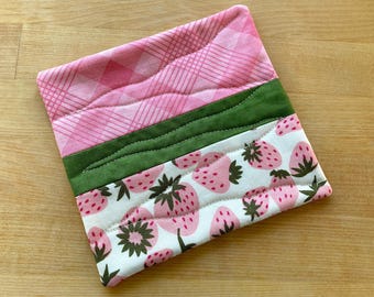 NEW Strawberry Coaster, Pink & Green Mug Rug, Spring table