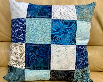 Cool Blues Batik Patchwork Throw Pillow Cover, Blues and Whites, 18 x 18 Inches