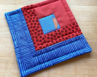 NEW - Blue and Red Quilted Patchwork Coffee Coaster or Mug Rug