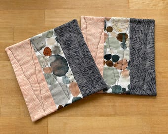 Quilted Coasters: Gray & Peach Pebble Print, Set of 2