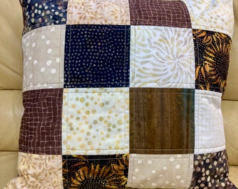 NEW - Brown and Cream Batik Patchwork Throw Pillow Cover, 18 x 18 Inches