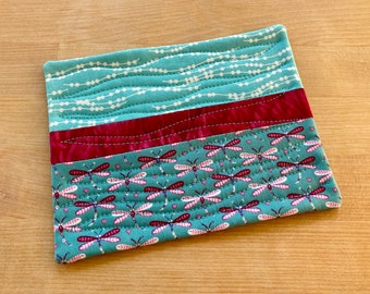 Aqua & Pink Dragonfly Patchwork Coffee Coaster, Mug Rug