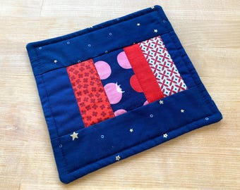 Blue and Red Oversized Patchwork Coffee Coaster or Mug Rug