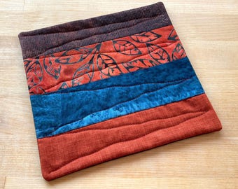 New - Fall Leaves Coaster, Oversize Mug Rug, Rust and Midnight Blue