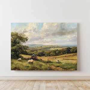 Vintage Country Oil Painting, Vintage Artwork, Landscape Artwork, Sheep Farmer Picture, Nature-based Artwork, Horizontal Art, Gift