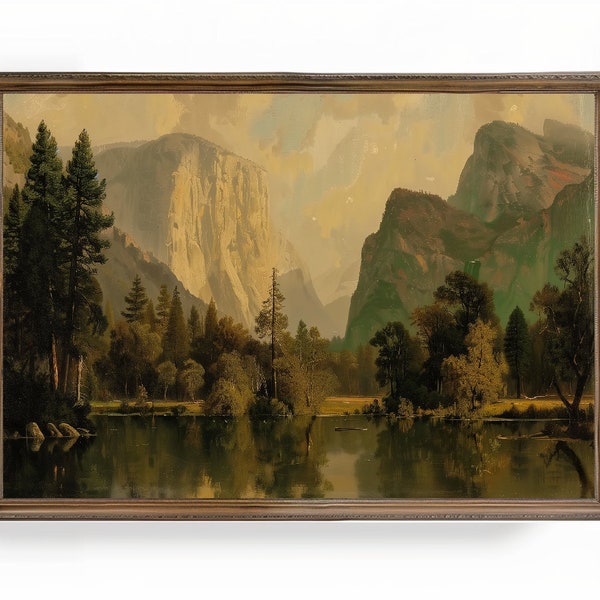 Vintage Berg Gemälde, Vintage Stil, Gemälde 19. Jahrhundert Design, Landschaftsbild gemalt, See Berg Wald Kunstwerk, Antike Kunst, Geschenk