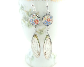 Ceramic Mixed Flowers with Cicada Wings Earrings.