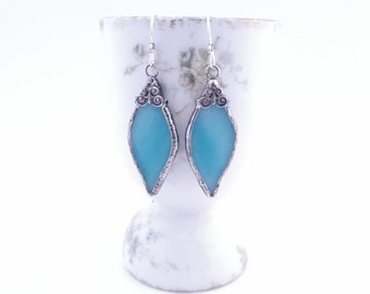 Stained Aquamarine Glass Earrings