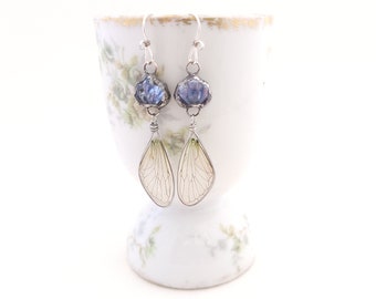 Cicada Wings with Vintage Blue Glass Earrings