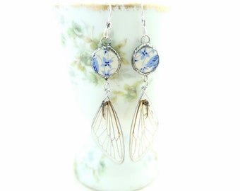 Ceramic Blue Floral with Cicada Wings Earrings