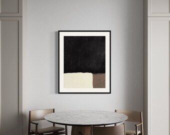May include: A round marble dining table with a wooden base and four chairs. The table is set against a white wall with a framed abstract painting featuring black, white, and brown colours.