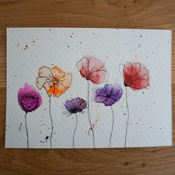 Karte Aquarell Flowers Lila-Rot